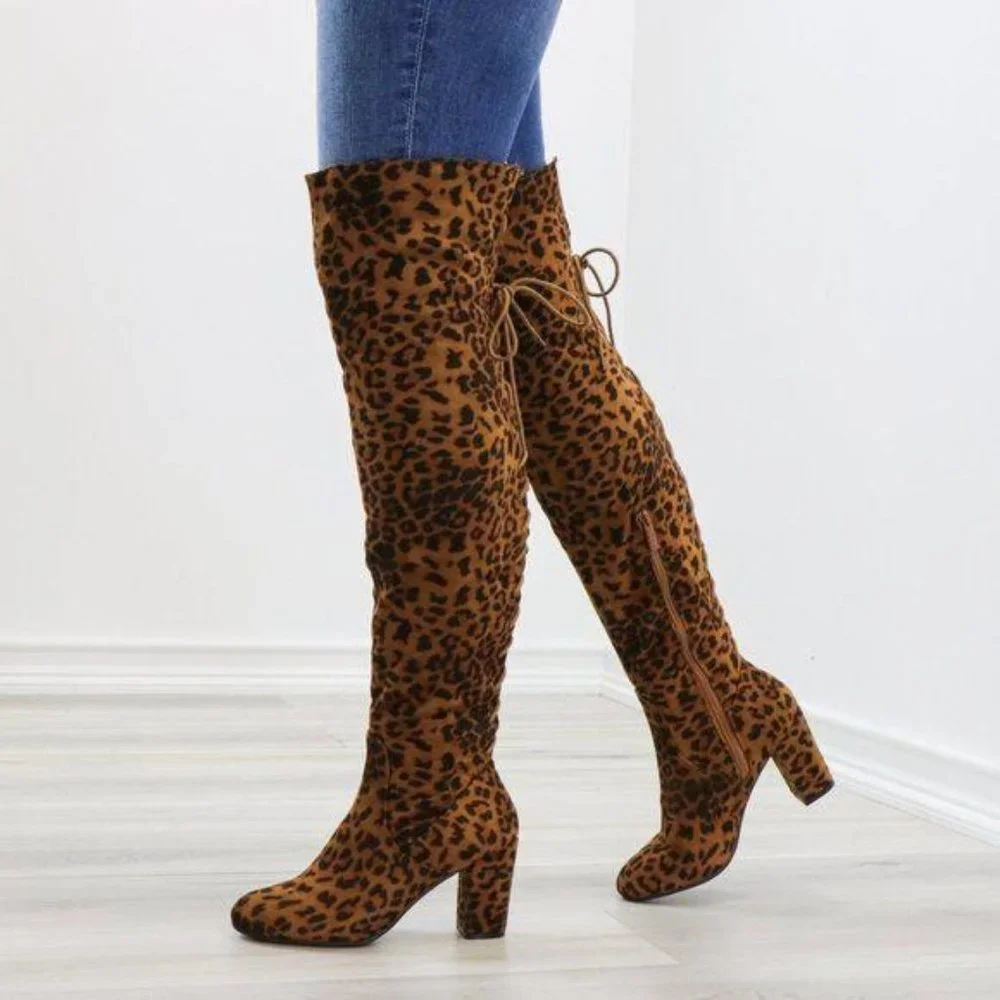 Suede Leopard Thigh High Heeled Boots Back Laces - Picture 12 of 15